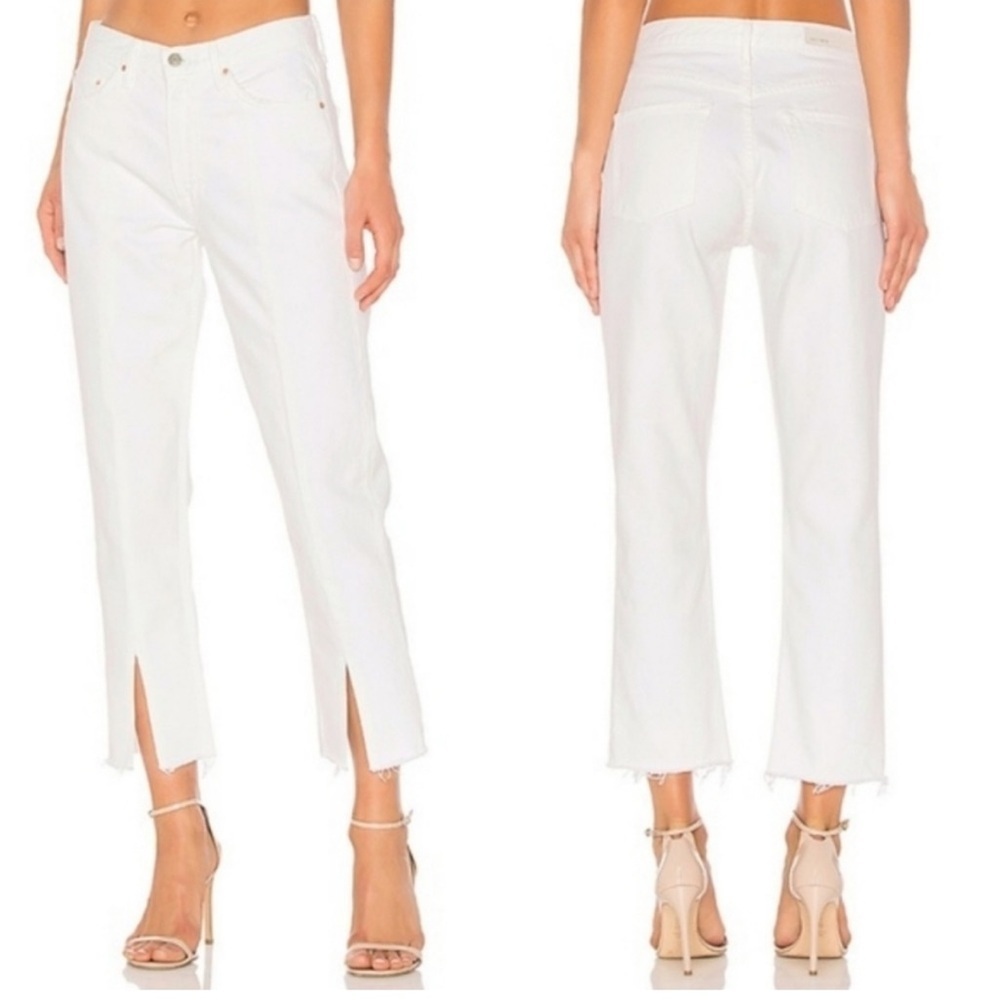 GRLFRND Cheryl Side Split White Jeans High Rise Raw Hem
